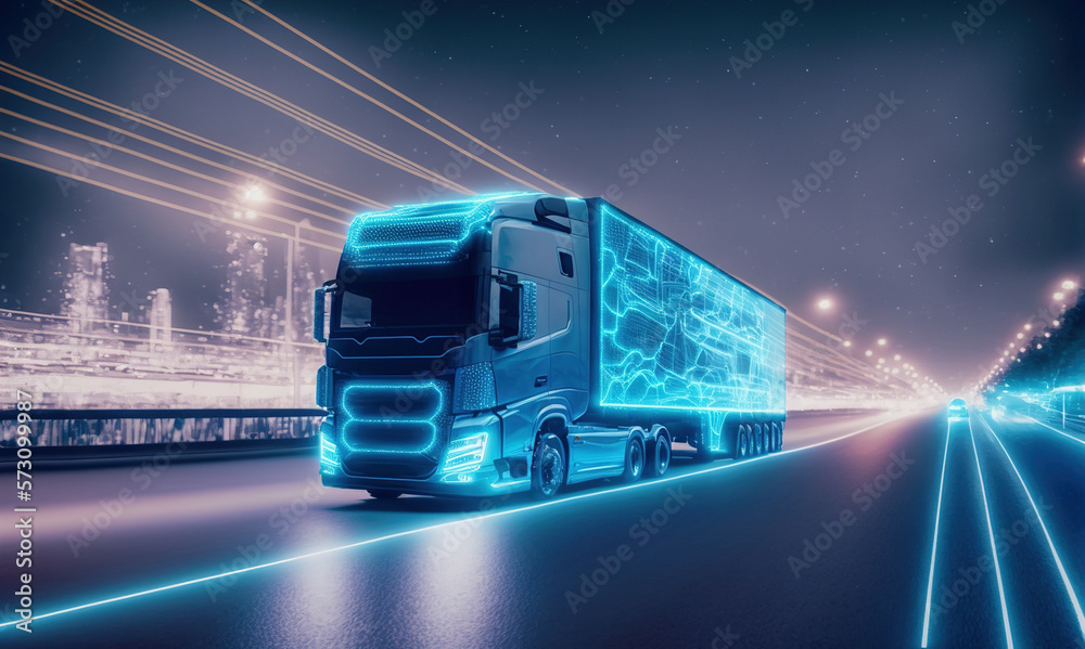 Self driving futuristic freight truck deliver goods to warehouse on city highway road with advanced 