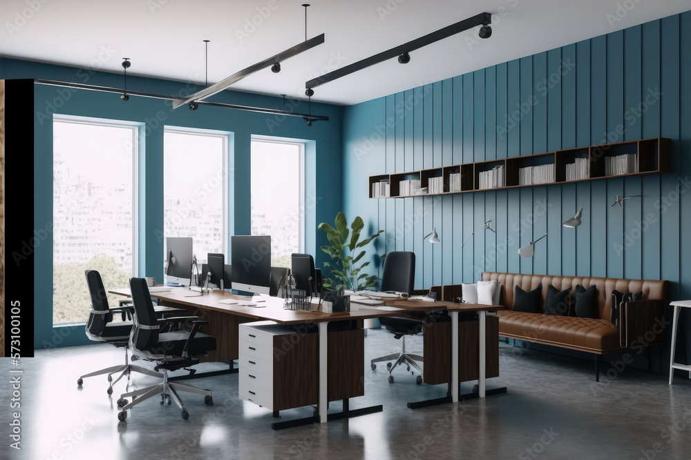 Modern office interior design . Contemporary workspace for creative business. Peculiar AI generative