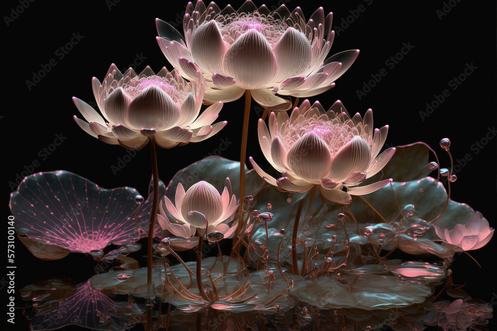 Dreamlike image of light glowing lotus flower or water lily with transparent pink illumination under