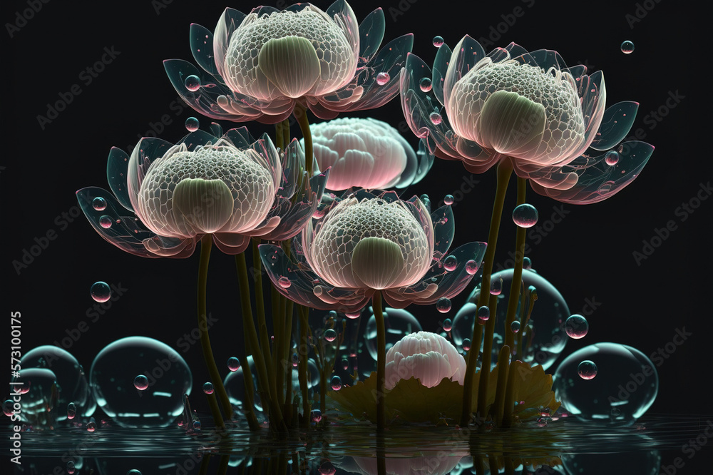 Dreamlike image of light glowing lotus flower or water lily with transparent pink illumination under