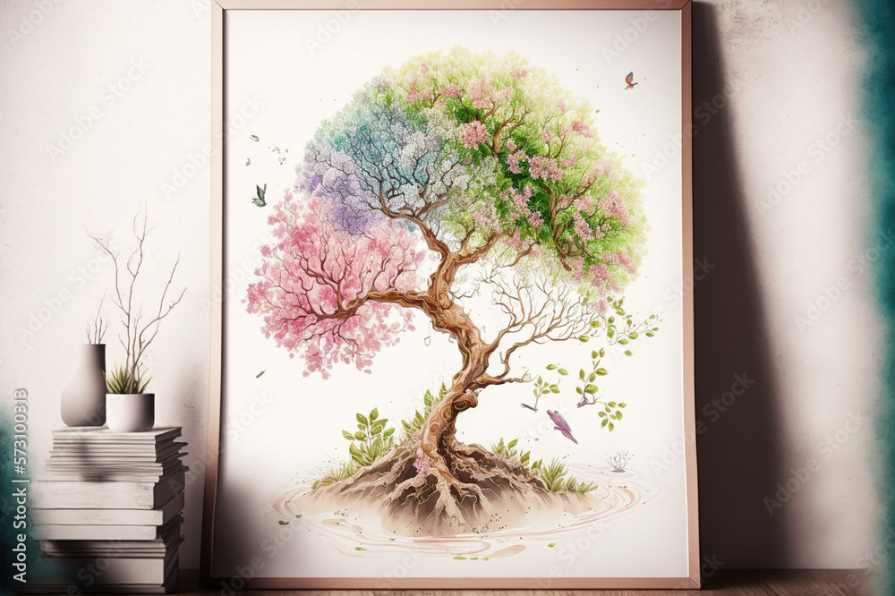 The tree of life in colorful spring watercolor painting style . Sublime Generative AI image .