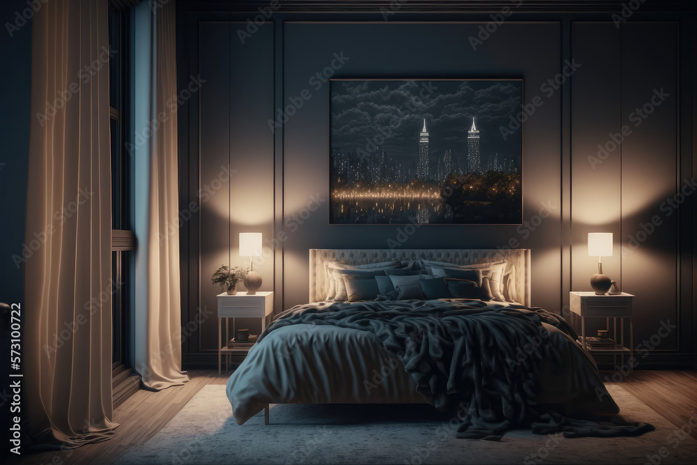 Interior of luxury penthouse bedroom at night. Peculiar AI generative image.