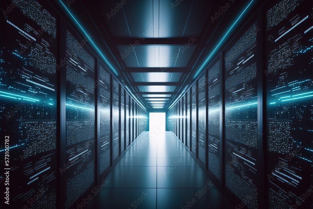 Corridor of data center with racks of server computer for cloud computing data storage , cyber secur