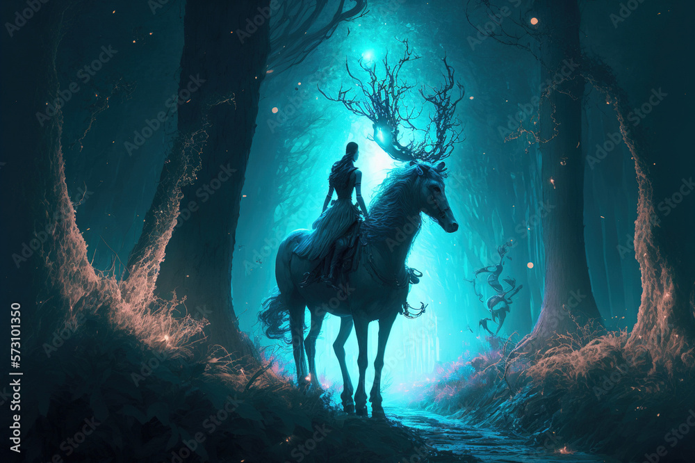 Night fantasy image of mystic woman riding deer in magical forest illumination . Sublime Generative 