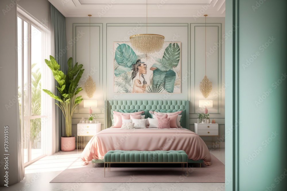 Pastel color elegant bedroom interior design. Peculiar AI generative image.