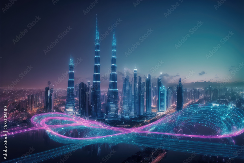 Smart city with communication network graphic connecting the city with wireless internet technology.