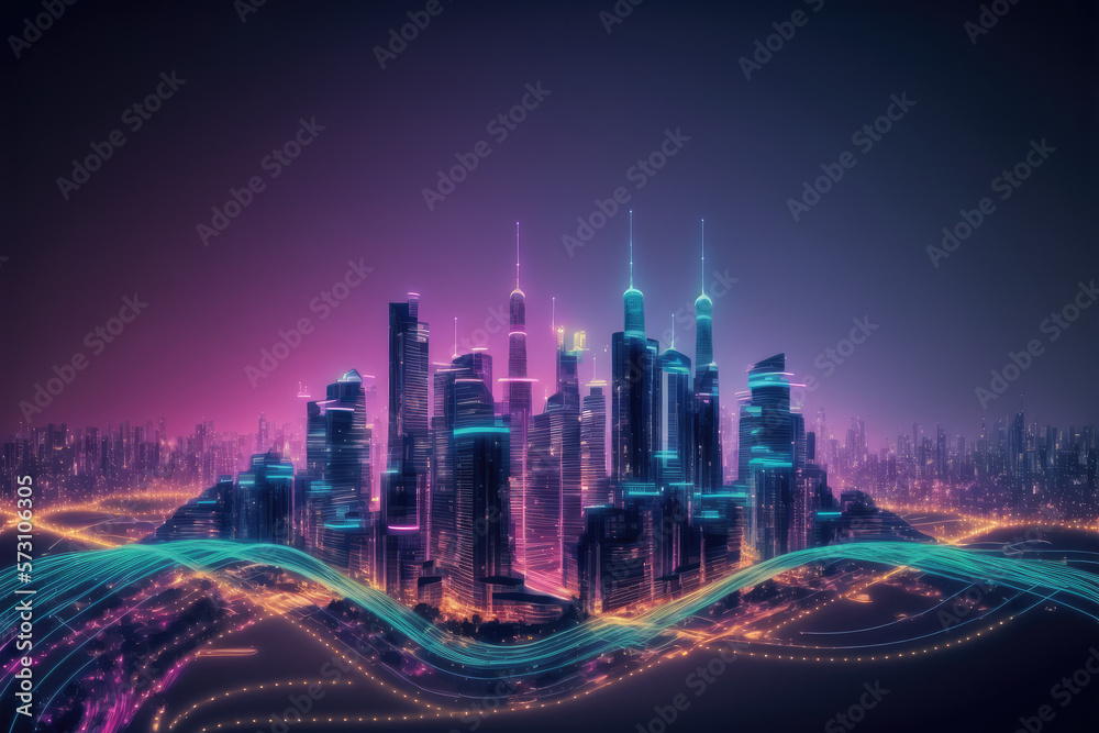 Smart city with communication network graphic connecting the city with wireless internet technology.