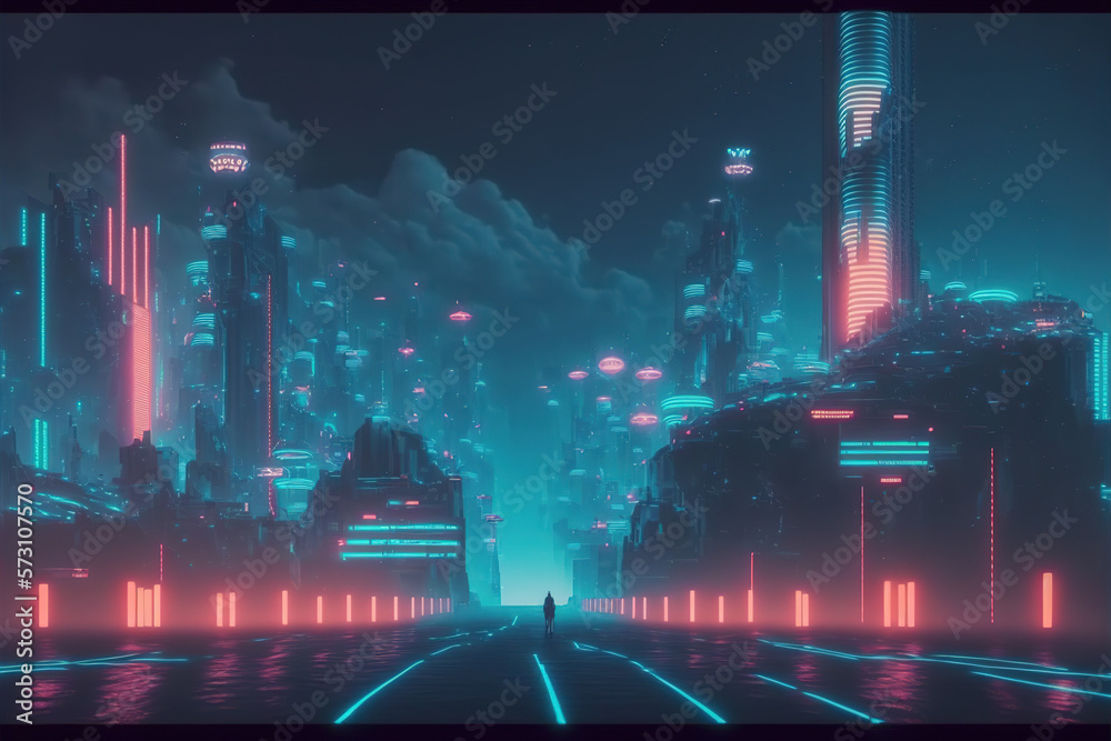 Science fiction neon city night. Dark futuristic sci-fi city lit with neon light. Peculiar AI genera