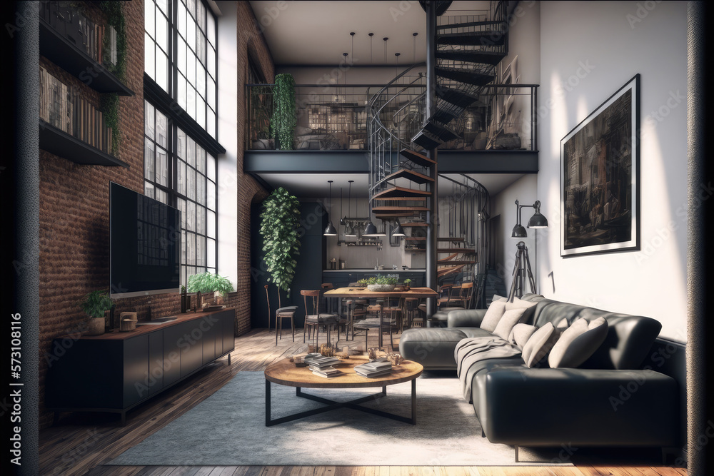 Luxury apartment decorated with industrial loft modern interior design. Peculiar AI generative image