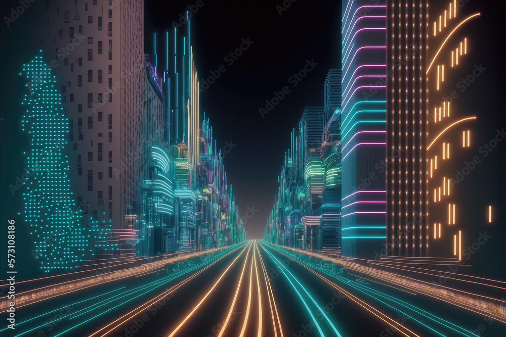 Abstract highway path through digital smart city graphic design. Peculiar AI generative image.