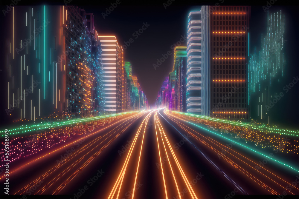 Abstract highway path through digital smart city graphic design. Peculiar AI generative image.