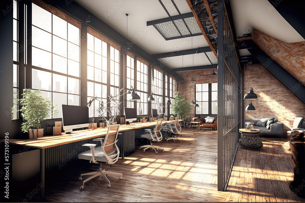 Luxury workspace office decorated with industrial loft modern interior design. Peculiar AI generativ