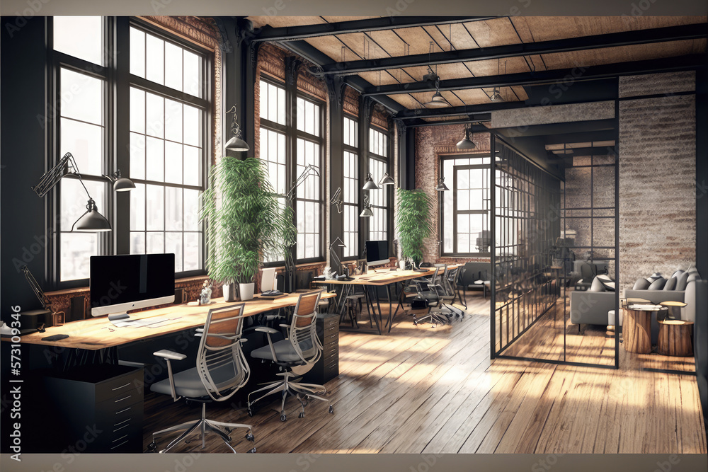 Luxury workspace office decorated with industrial loft modern interior design. Peculiar AI generativ