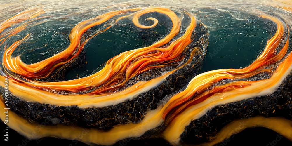 Sedate realistic marco detailed orange and teal alcohol ink ripples pattern in agate design. Closeup