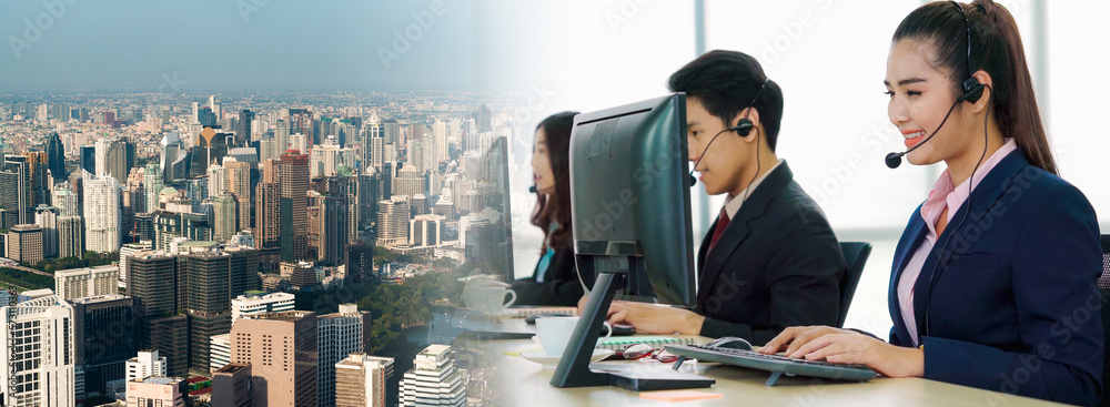 Business people wearing headset working in office in widen view to support remote customer or collea