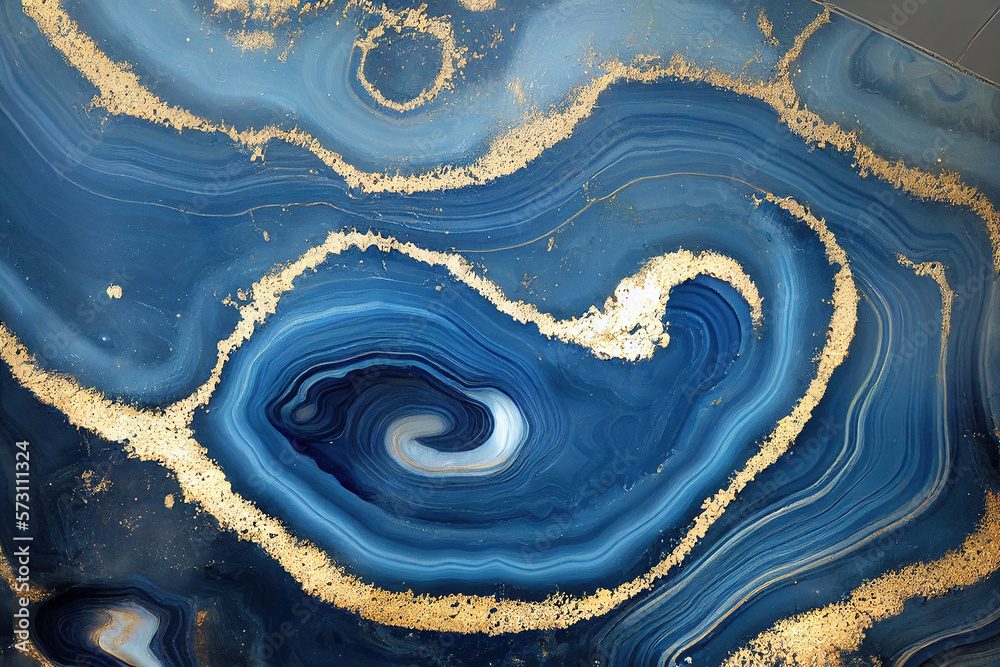 Abstract art background with a fluid marble blue and gold texture. Splendid generative AI luxury abs