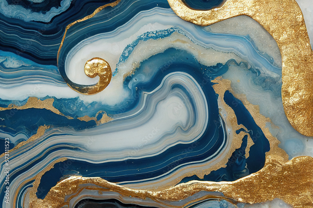 Abstract art background with a fluid marble blue and gold texture. Splendid generative AI luxury abs