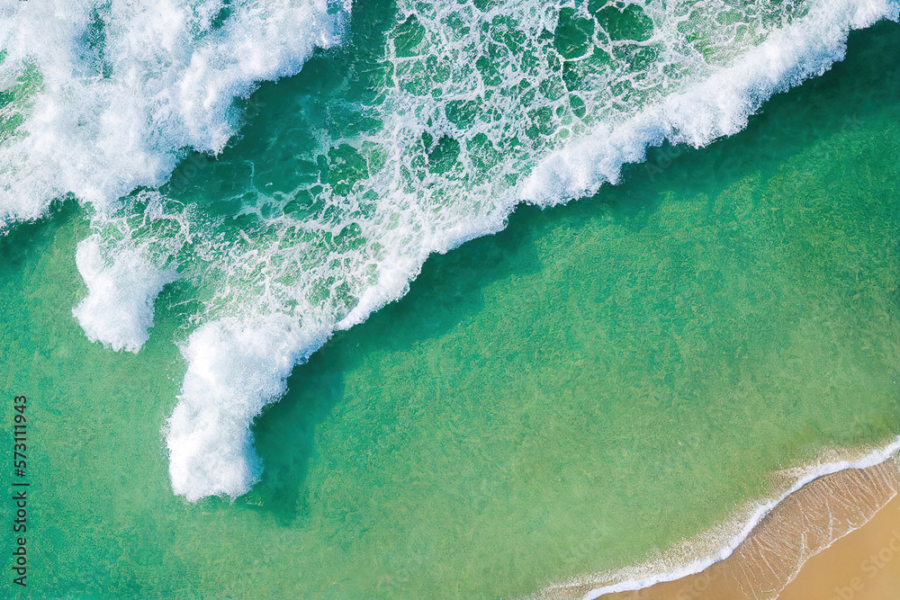 Spectacular top view from drone photo of beautiful beach with relaxing sunlight, sea water waves pou