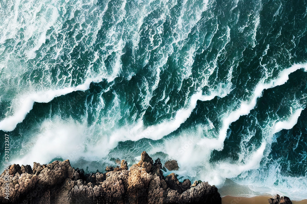 Spectacular drone photo, top view of seascape ocean wave crashing rocky cliff with sunset at the hor