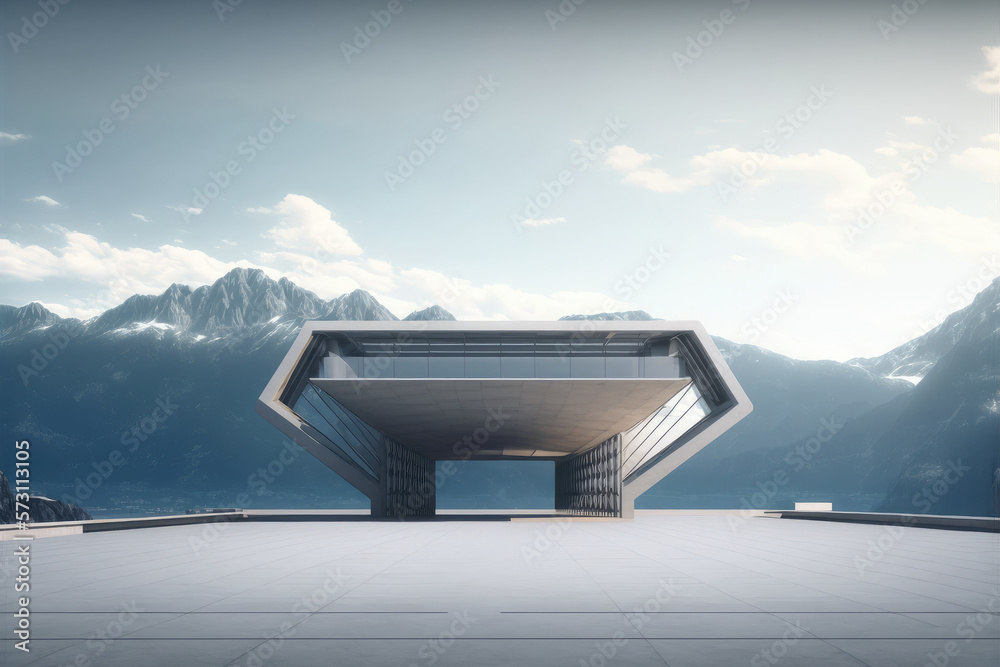 Futuristic architecture of modern hall entrance facade on high mountain top scenery with empty outdo