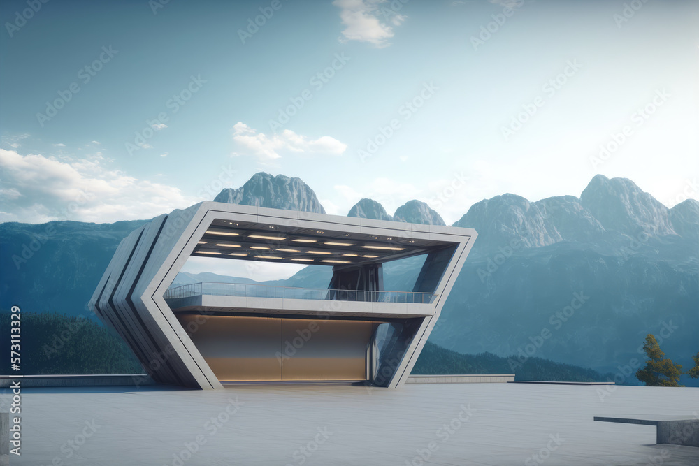 Futuristic architecture of modern hall entrance facade on high mountain top scenery with empty outdo