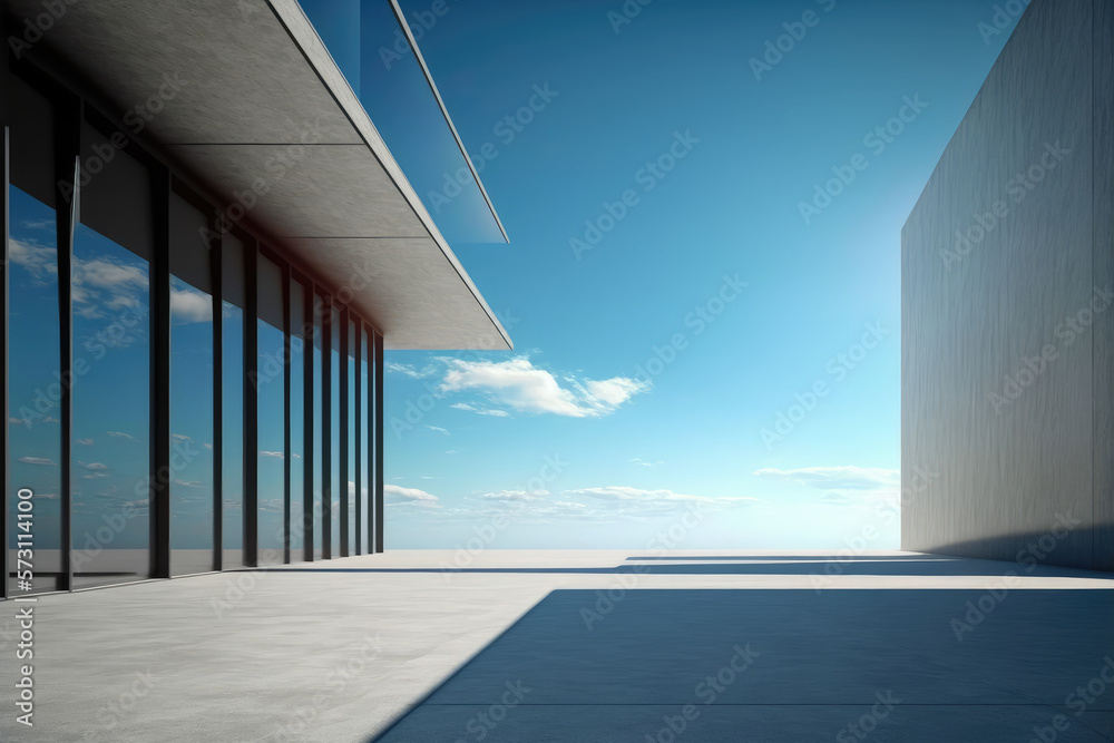 Modern architecture exterior of public hall entrance in urban building outdoor under bright sky with