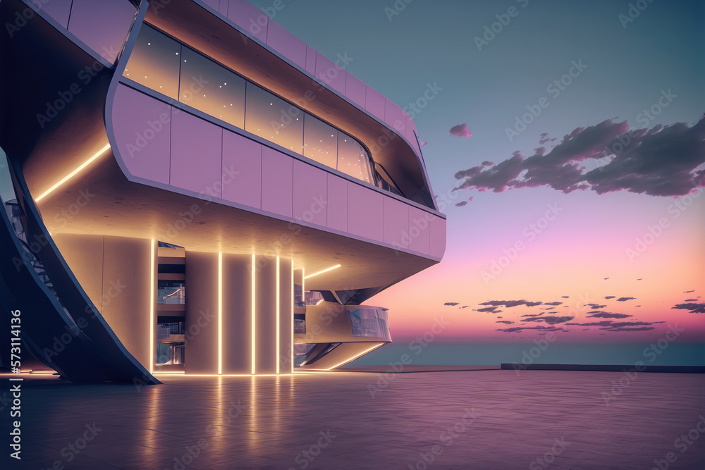 Sunset view of empty balcony floor on corridor of modern building exterior. Peculiar AI generative i