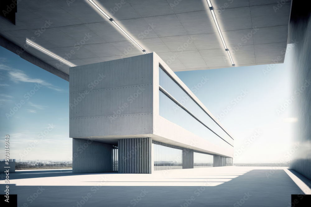 Modern architecture exterior of public hall entrance in urban building outdoor under bright sky with