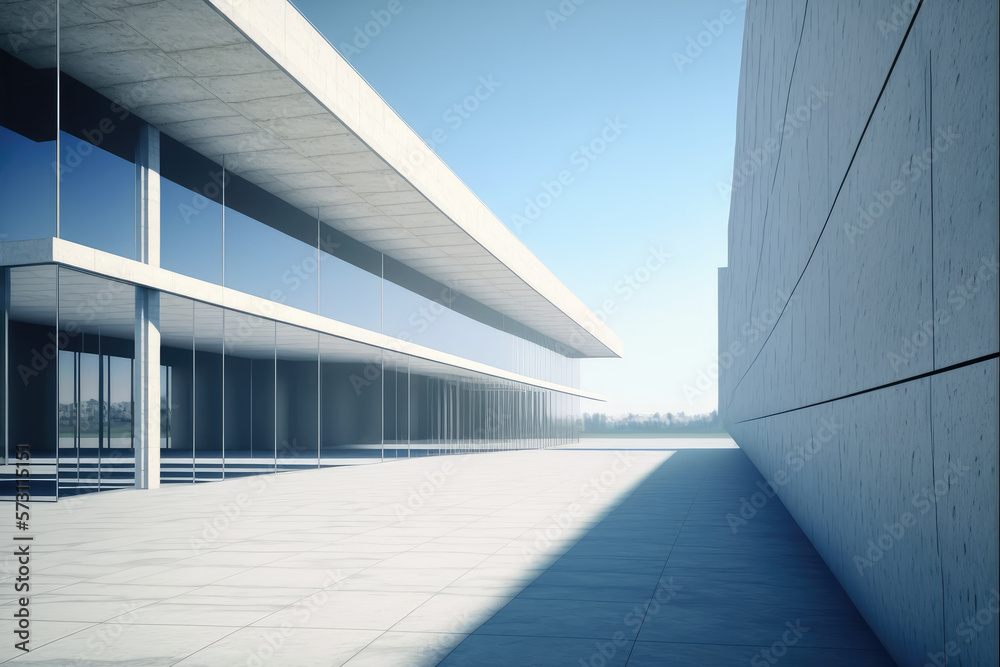 Modern architecture exterior of public hall entrance in urban building outdoor under bright sky with