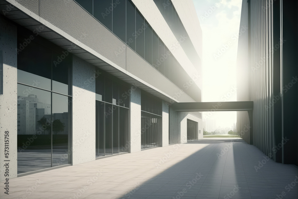 Modern architecture exterior of public hall entrance in urban building outdoor under bright sky with