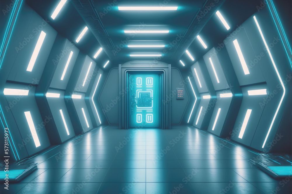 Empty sci-fi futuristic room of spaceship with blue light decoration . Super modern interior design.