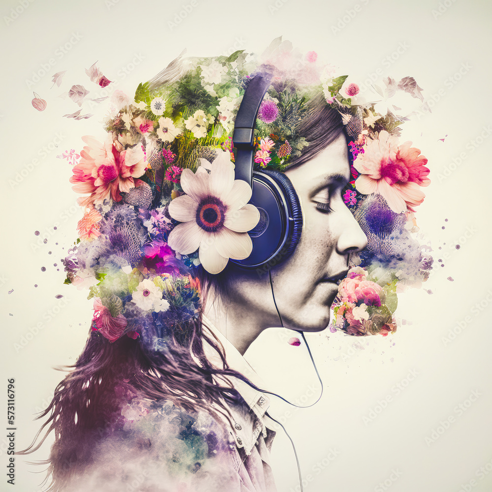 Sedate double exposure portrait of beautiful woman in headphone listen to music immerse with spring 