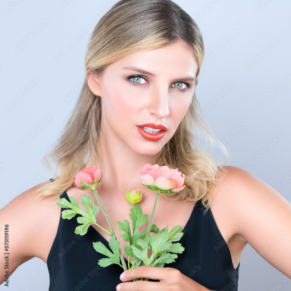 Closeup young woman with alluring flawless makeup and healthy soft skin holding rose for natural ski