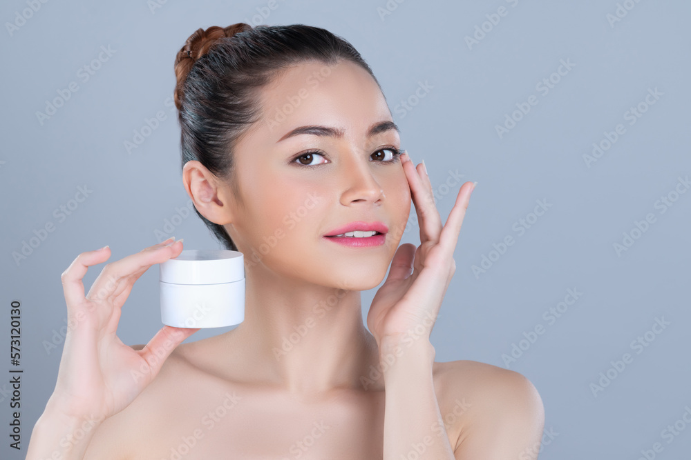 Glamorous beautiful perfect cosmetic skin with soft makeup woman portrait hold mockup jar cream or m