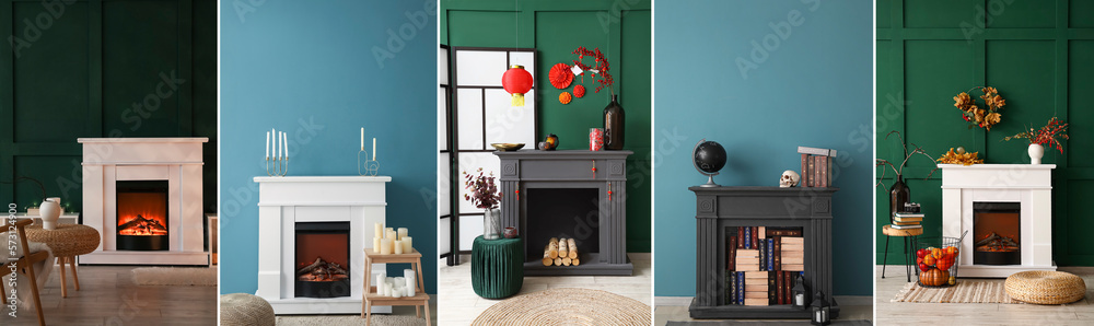 Collection of fireplaces with different domestic decorations near color walls in rooms