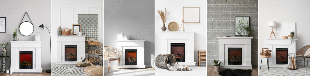 Set of electric fireplace with different domestic decorations near walls in rooms