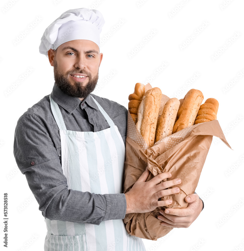 Male baker with fresh baguettes on white background