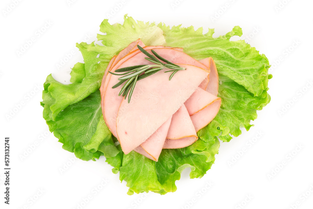 Tasty slices of ham, rosemary and lettuce isolated on white background