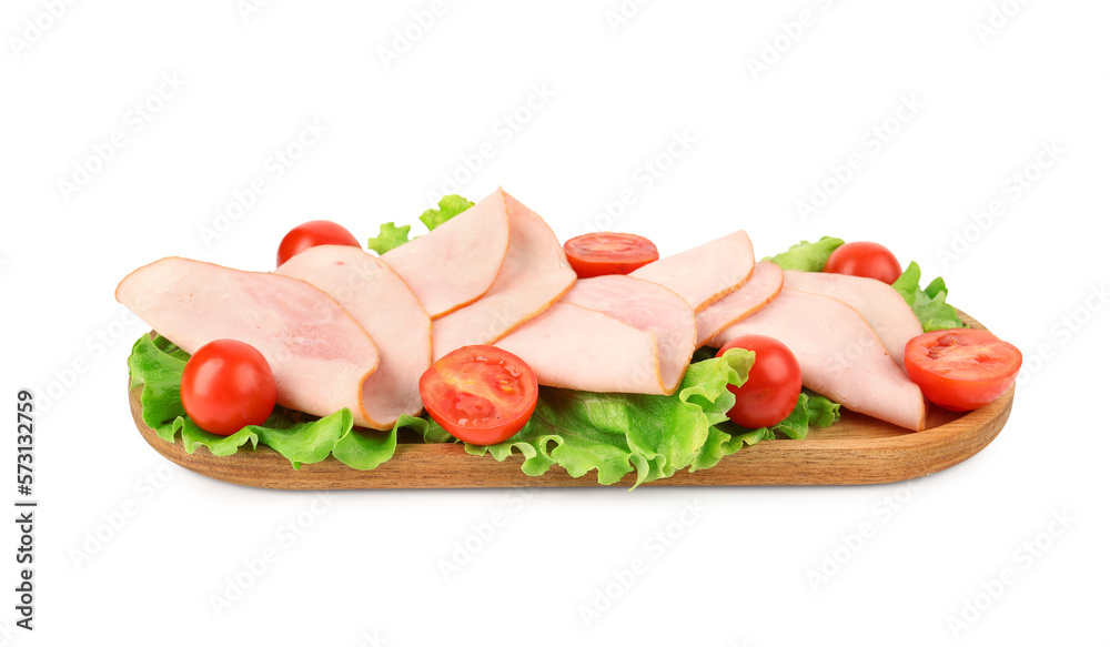 Board with tasty slices of ham, tomatoes and lettuce isolated on white background