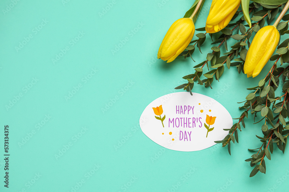 Card with text HAPPY MOTHERS DAY, eucalyptus branches and tulip flowers on color background