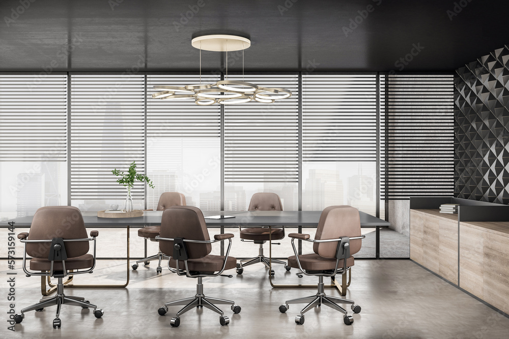 Meeting grey table surrounded by wheel chairs on concrete floor in spacious conference room with fog