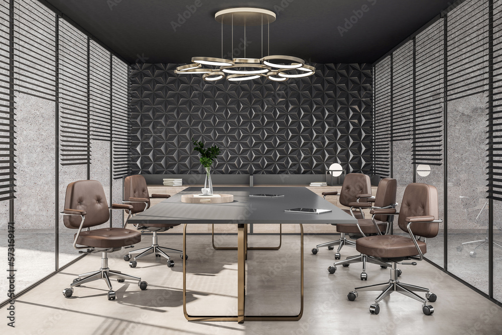 Modern conference room interior design with stylish illuminated lamp above meeting table with digita