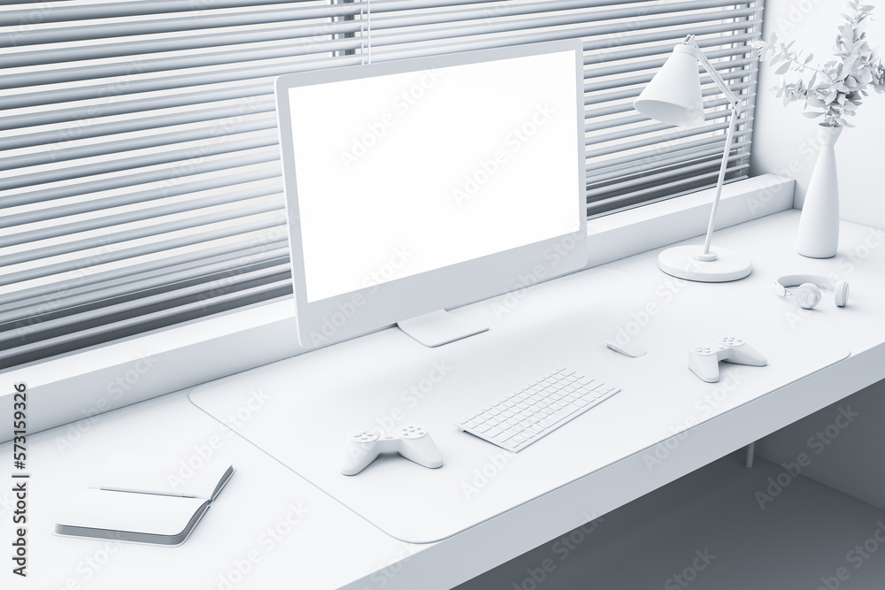 Perspective view on blank light modern computer monitor with place for web design or web site on whi