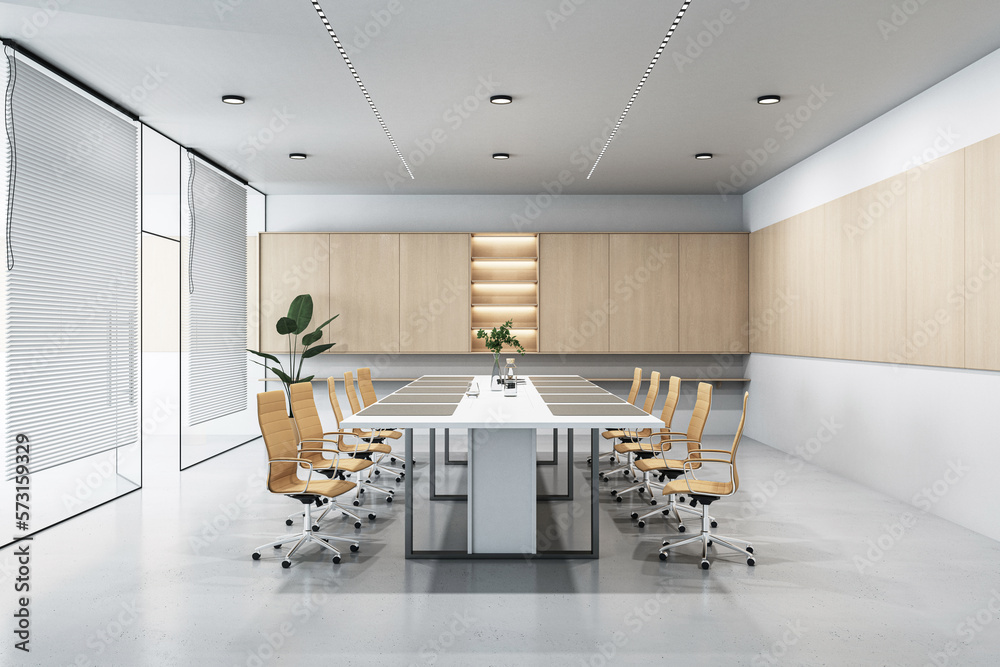 Modern conference office room interior design who huge white meeting table surrounded by chairs on c