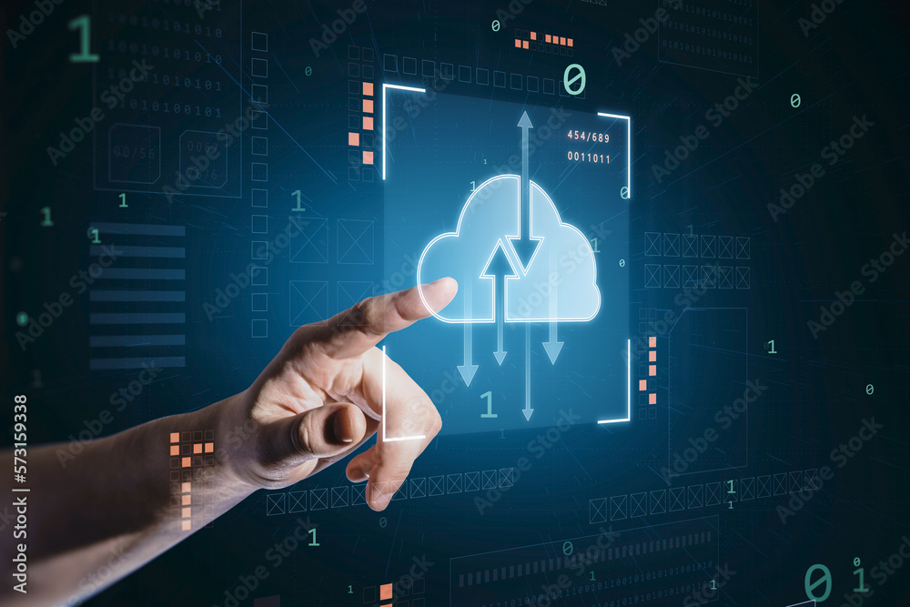 Data transfer and cloud service concept with man finger on virtual touch screen with glowing digital