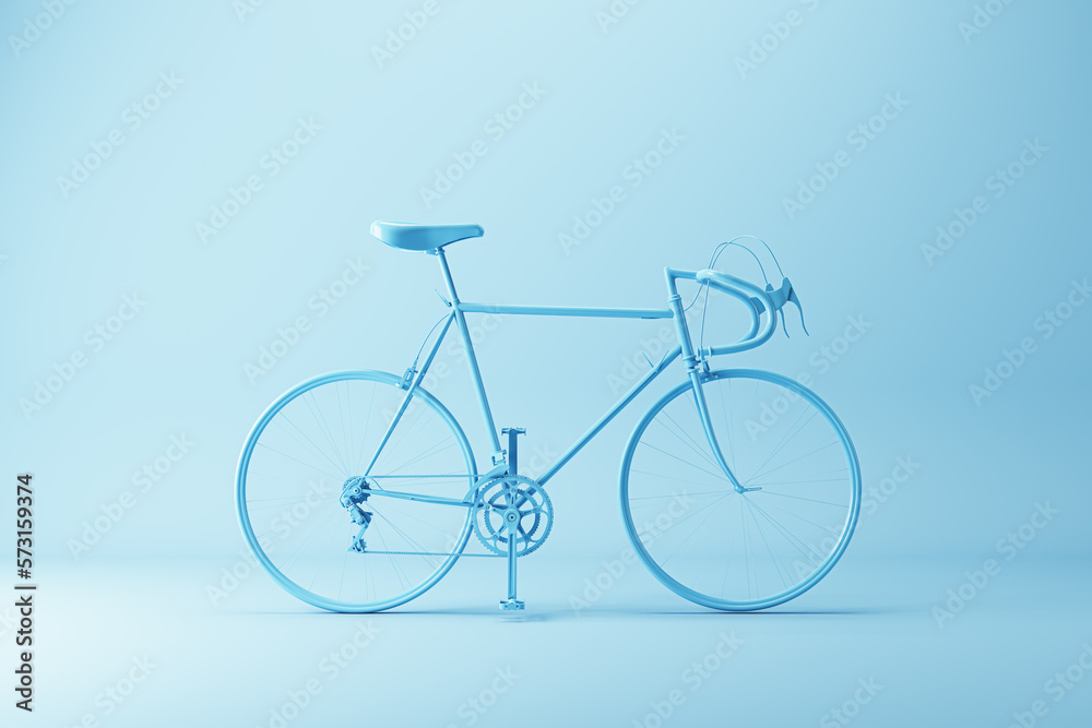 3D graphic modern bicycle isolated on light blue background. 3D rendering