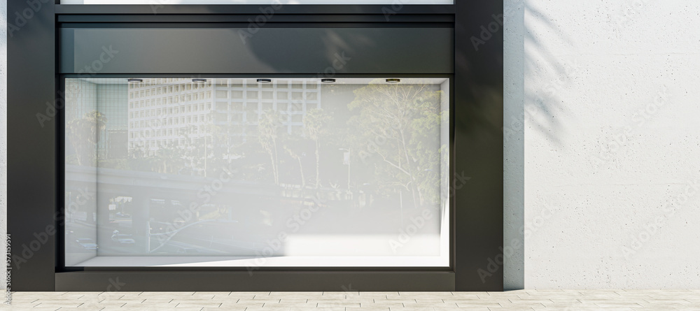 Front view on light sunlit wall background with place for your advertising poster near empty shop wi