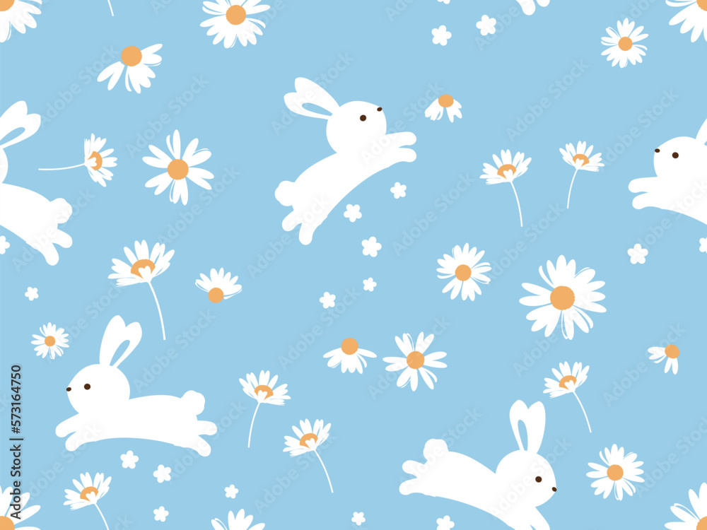 Seamless pattern with jumping rabbit bunny and daisy flower field on blue background vector illustra