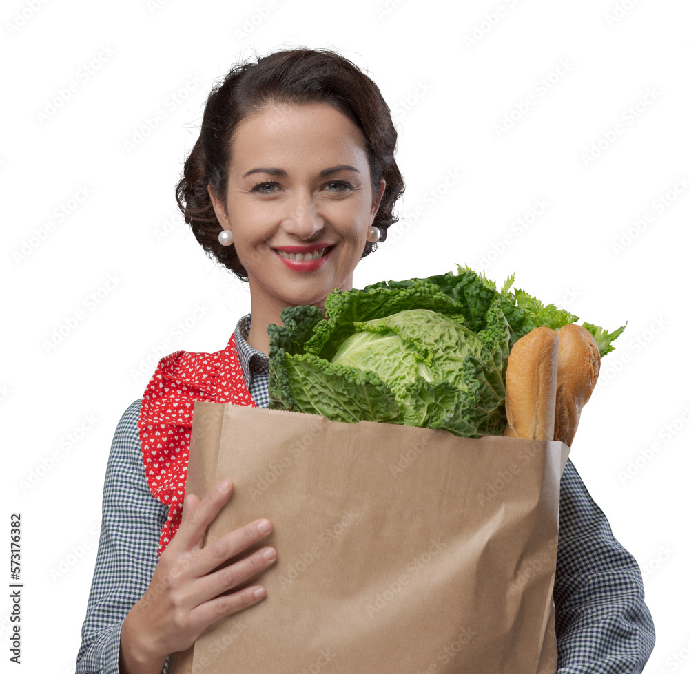 Vintage woman with grocery bag