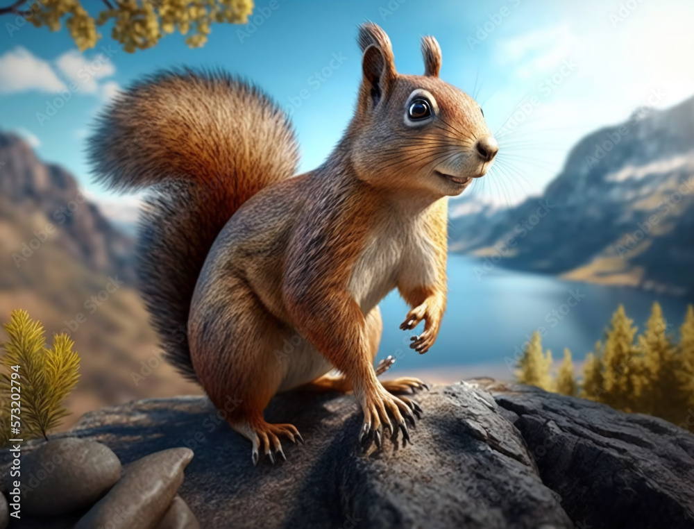 squirrel on top  of the mountains enjoys nature, Lake, bright sky, Safe Atmosphere, HD landscape, wi